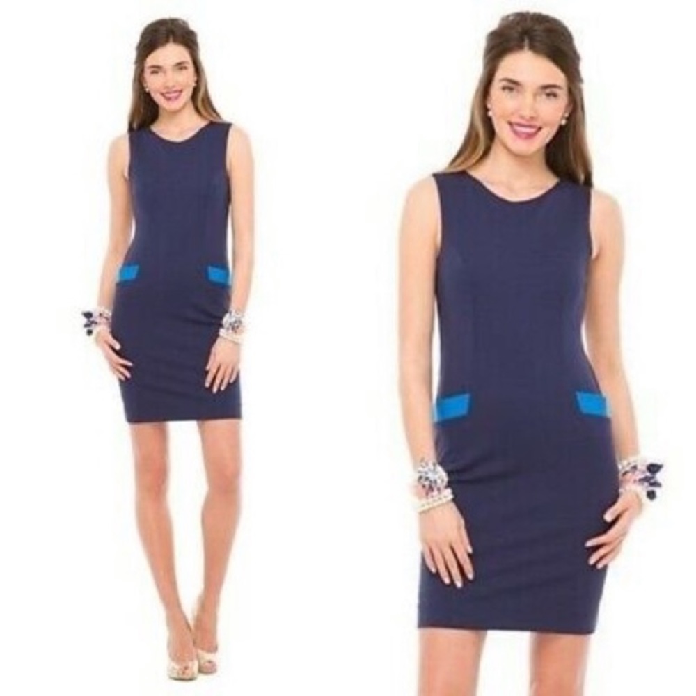 Lilly Pulitzer Navy Midi Dress with Bright Blue Pocket Accents